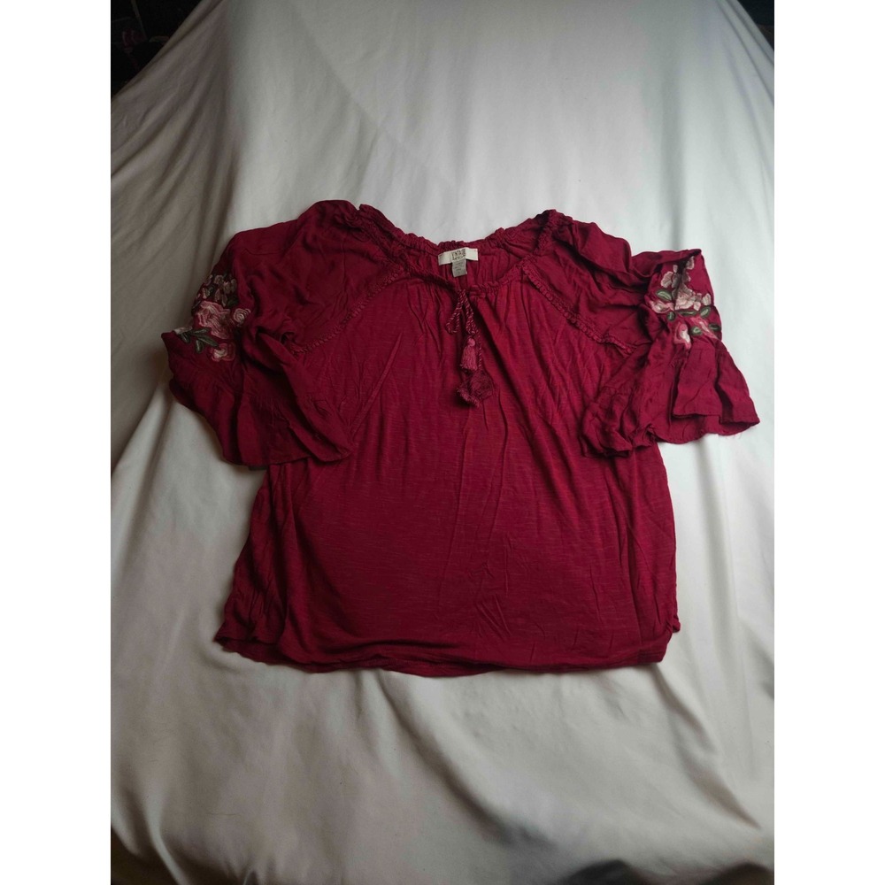Vintage America Blues Blouse Womens Large Red Embroidered Bell Sleeve Peasant